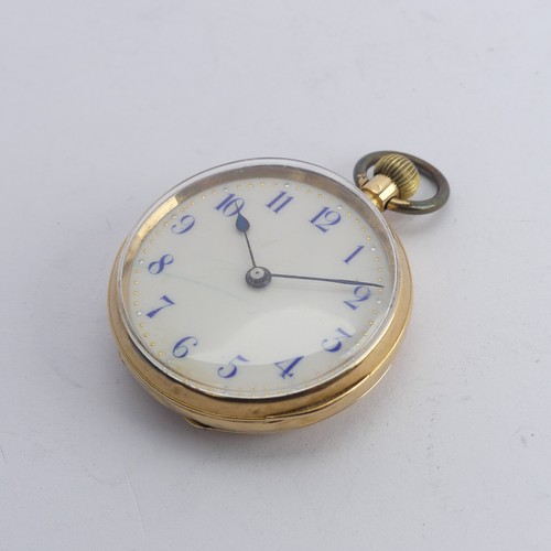 214 - An 18ct gold Fob Watch, white enamel dial with blue Arabic Numerals, unsigned manual crown wind move... 