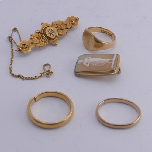 366 - A 22ct gold Band, shank split, 5g, together with an 18ct gold signet ring, initialled Size F½, 5.8g,... 