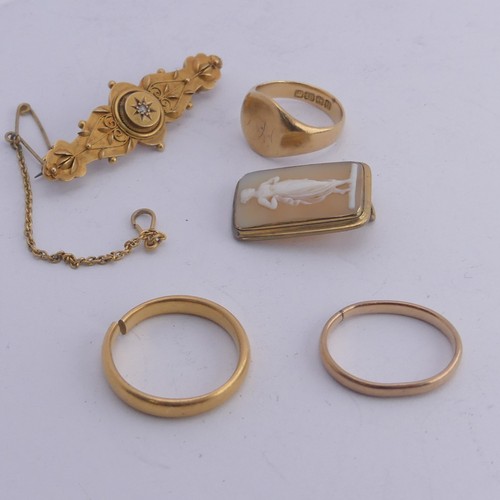 366 - A 22ct gold Band, shank split, 5g, together with an 18ct gold signet ring, initialled Size F½, 5.8g,... 