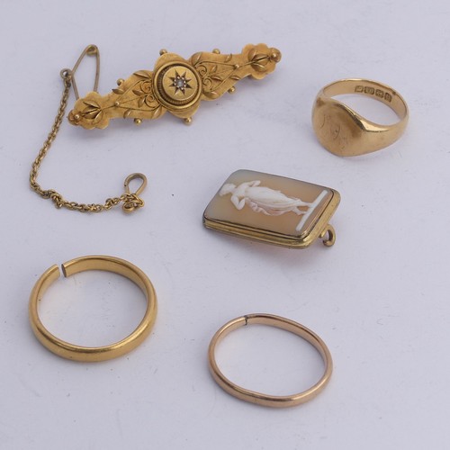 366 - A 22ct gold Band, shank split, 5g, together with an 18ct gold signet ring, initialled Size F½, 5.8g,... 