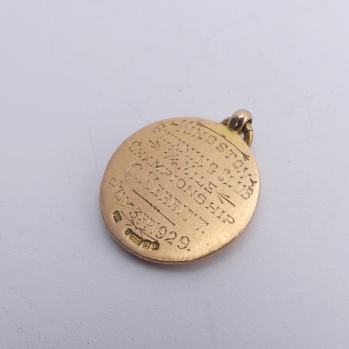 369 - A 9ct gold Prize Fob, awarded from the Kingston Swimming Club, dated 1929, 12g.