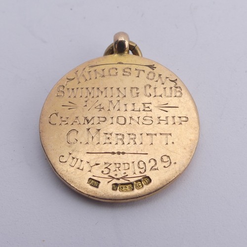 369 - A 9ct gold Prize Fob, awarded from the Kingston Swimming Club, dated 1929, 12g.