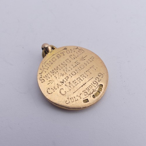 369 - A 9ct gold Prize Fob, awarded from the Kingston Swimming Club, dated 1929, 12g.