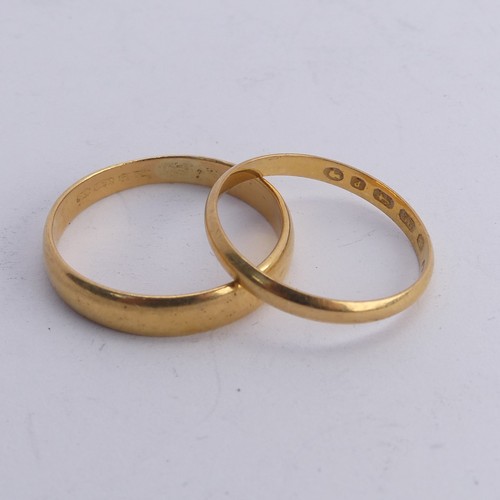 370 - A 22ct yellow gold Band, 4.3mm wide, Size U½, together with a narrow 22ct gold band, Size S, total w... 