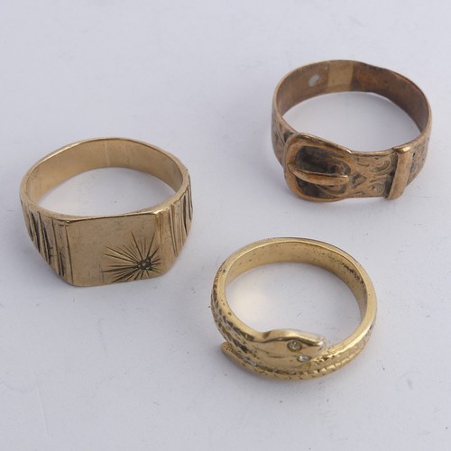 292 - Two 9ct gold gentleman's Rings, one of buckle design, Size X, the other with square front set single... 