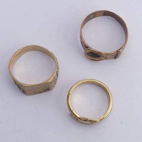 292 - Two 9ct gold gentleman's Rings, one of buckle design, Size X, the other with square front set single... 