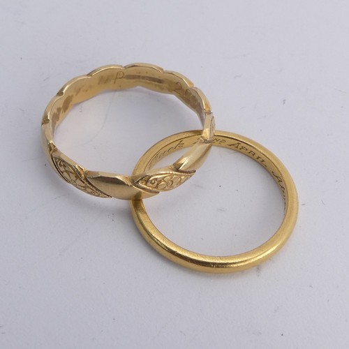 294 - An 18ct yellow gold Band, with alternate plain and foliate sections, Size P, 3.6g, together with a n... 