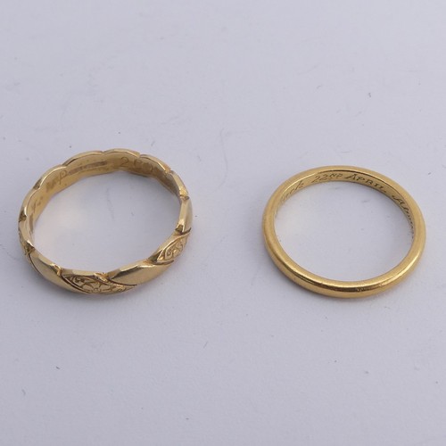 294 - An 18ct yellow gold Band, with alternate plain and foliate sections, Size P, 3.6g, together with a n... 