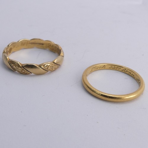 294 - An 18ct yellow gold Band, with alternate plain and foliate sections, Size P, 3.6g, together with a n... 