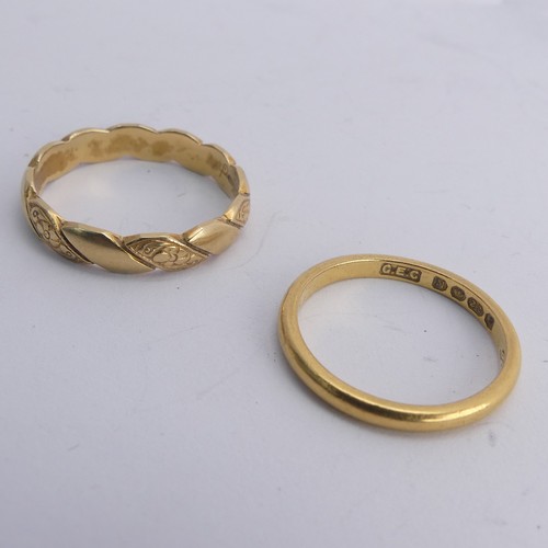 294 - An 18ct yellow gold Band, with alternate plain and foliate sections, Size P, 3.6g, together with a n... 