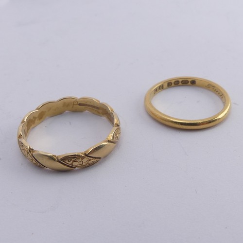 294 - An 18ct yellow gold Band, with alternate plain and foliate sections, Size P, 3.6g, together with a n... 