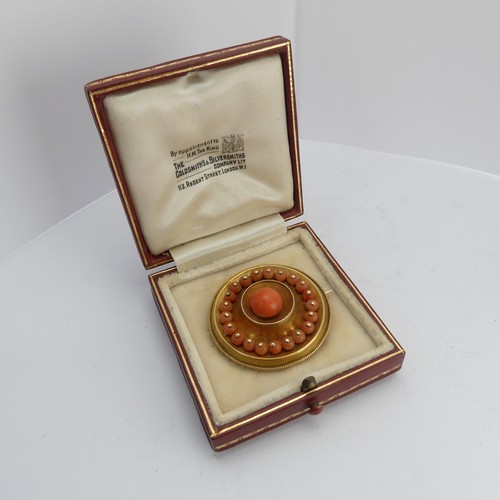 338 - A Victorian coral setTarget Brooch, with box and glass reverse, unmarked, tested as approx. 15ct gol... 