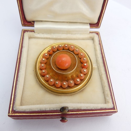 338 - A Victorian coral setTarget Brooch, with box and glass reverse, unmarked, tested as approx. 15ct gol... 