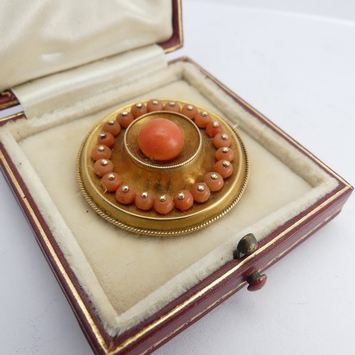 338 - A Victorian coral setTarget Brooch, with box and glass reverse, unmarked, tested as approx. 15ct gol... 