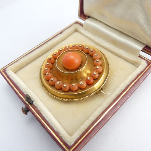 338 - A Victorian coral setTarget Brooch, with box and glass reverse, unmarked, tested as approx. 15ct gol... 