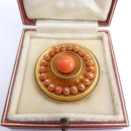 338 - A Victorian coral setTarget Brooch, with box and glass reverse, unmarked, tested as approx. 15ct gol... 