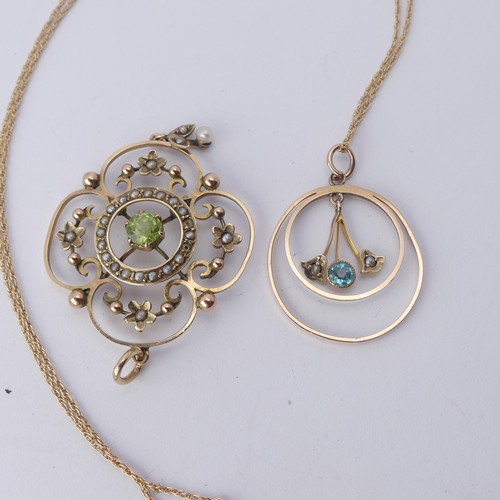 300 - An Art Nouveau peridot and seed pearl Pendant, the reverse marked 9ct, 4.5cm long, together with a s... 