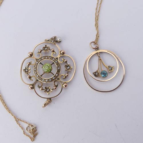 300 - An Art Nouveau peridot and seed pearl Pendant, the reverse marked 9ct, 4.5cm long, together with a s... 