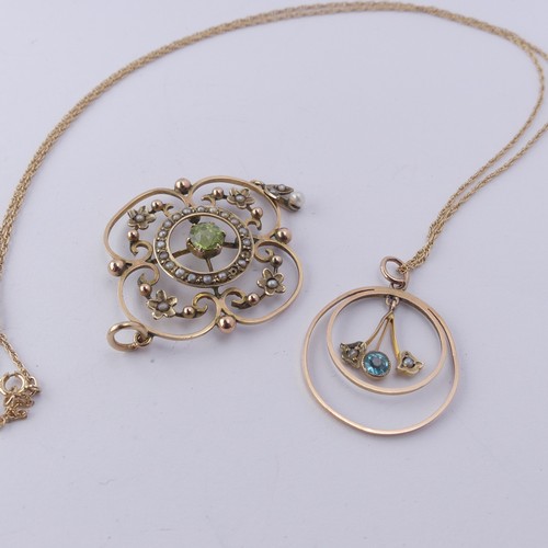 300 - An Art Nouveau peridot and seed pearl Pendant, the reverse marked 9ct, 4.5cm long, together with a s... 