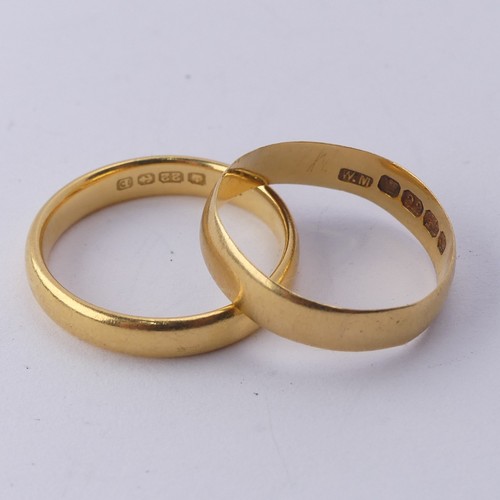 384 - A 22ct yellow gold Wedding Band, 3.4mm wide, Size M, together with another narrower, Size M, approx.... 