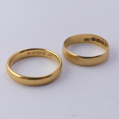 384 - A 22ct yellow gold Wedding Band, 3.4mm wide, Size M, together with another narrower, Size M, approx.... 