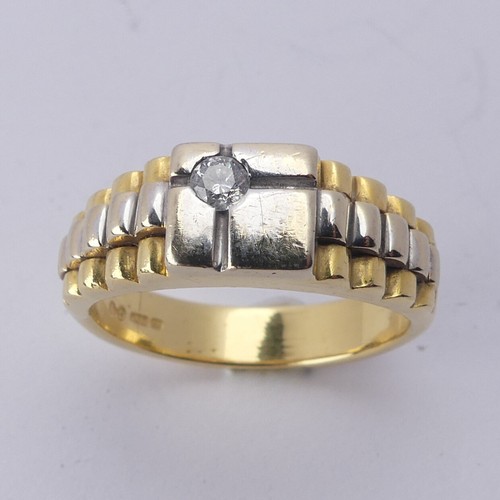 253 - An 18ct yellow and white gold Ring, the squared front set with a small diamond point, with stepped s... 