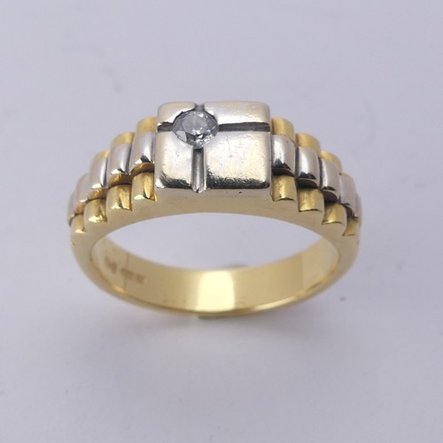 253 - An 18ct yellow and white gold Ring, the squared front set with a small diamond point, with stepped s... 