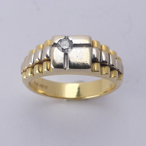 253 - An 18ct yellow and white gold Ring, the squared front set with a small diamond point, with stepped s... 