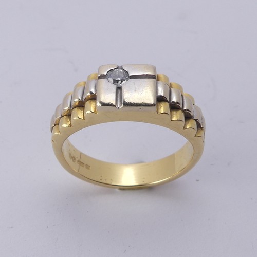 253 - An 18ct yellow and white gold Ring, the squared front set with a small diamond point, with stepped s... 