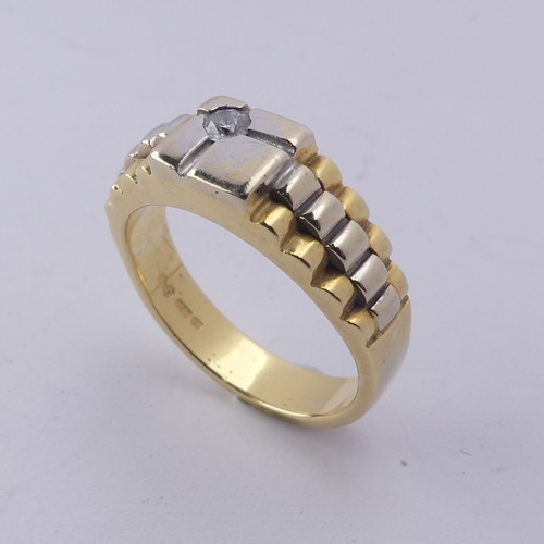 253 - An 18ct yellow and white gold Ring, the squared front set with a small diamond point, with stepped s... 