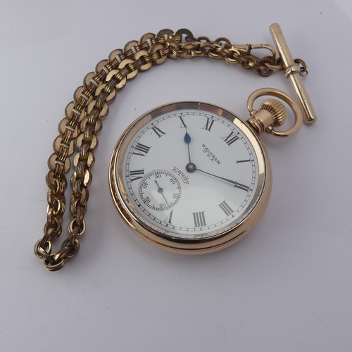 222 - A gold plated Waltham Equity Pocket Watch, white enamel dial with Roman numerals and subsidiary seco... 