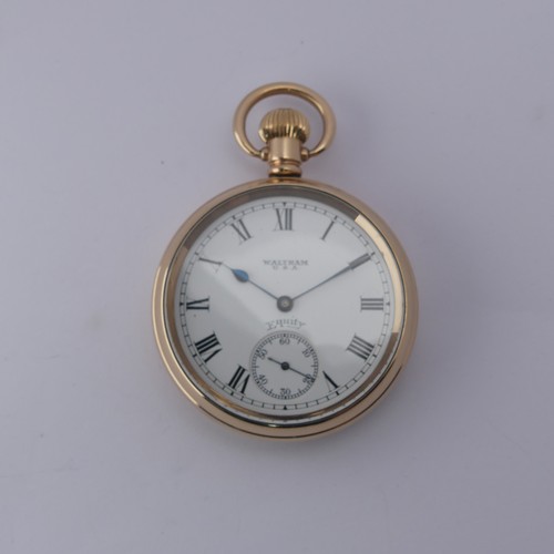 222 - A gold plated Waltham Equity Pocket Watch, white enamel dial with Roman numerals and subsidiary seco... 