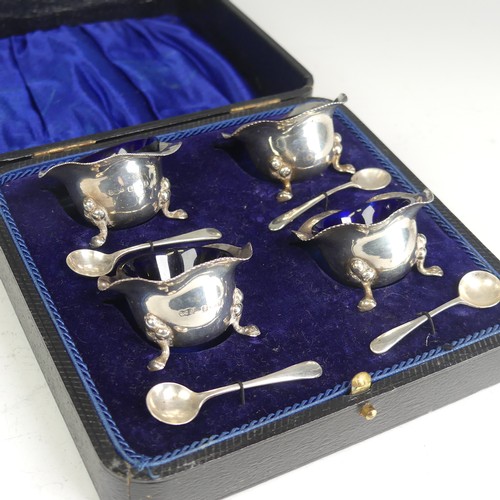 89 - A cased set of four silver Open Salts, by Joseph Gloster Ltd., hallmarked Birmingham, 1917, with blu... 