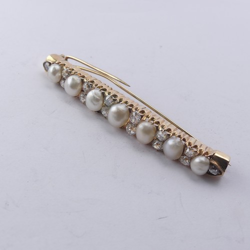 341 - A pearl and diamond set Bar Brooch, the seven graduated oval pearls, with two vertically set old cut... 