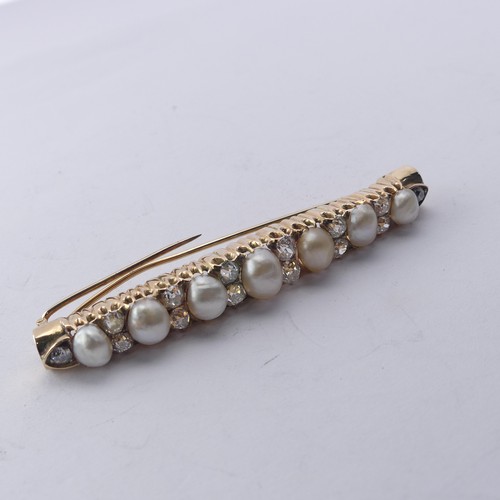 341 - A pearl and diamond set Bar Brooch, the seven graduated oval pearls, with two vertically set old cut... 