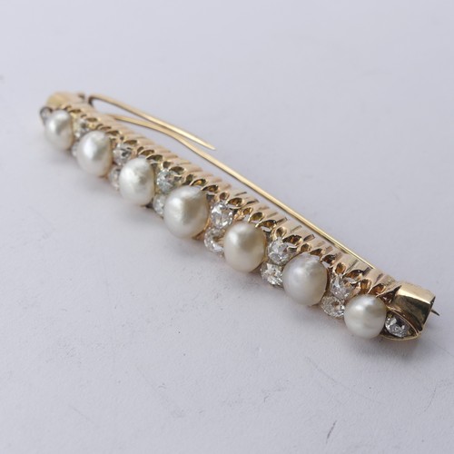 341 - A pearl and diamond set Bar Brooch, the seven graduated oval pearls, with two vertically set old cut... 