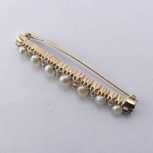 341 - A pearl and diamond set Bar Brooch, the seven graduated oval pearls, with two vertically set old cut... 