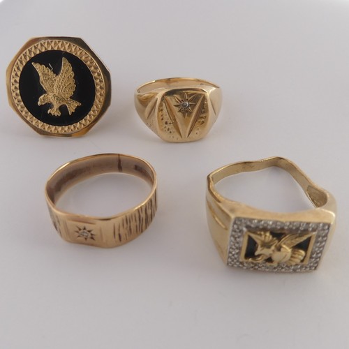 388 - Four 9ct gold gentleman's Signet Rings, all damaged, as found, total weight 20g (4)... 