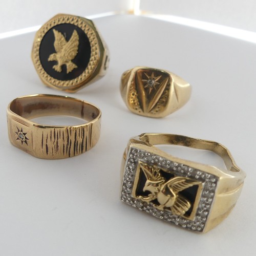 388 - Four 9ct gold gentleman's Signet Rings, all damaged, as found, total weight 20g (4)... 