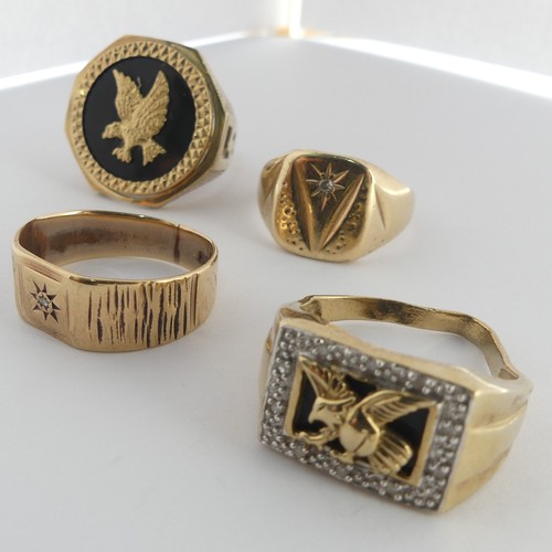 388 - Four 9ct gold gentleman's Signet Rings, all damaged, as found, total weight 20g (4)... 