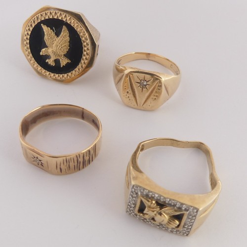 388 - Four 9ct gold gentleman's Signet Rings, all damaged, as found, total weight 20g (4)... 