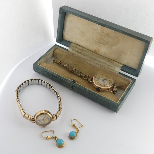 393 - A pair of 9ct gold and turquoise Earrings, with hook fittings, total weight 2.1g, together with two ... 