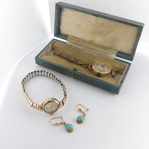 393 - A pair of 9ct gold and turquoise Earrings, with hook fittings, total weight 2.1g, together with two ... 