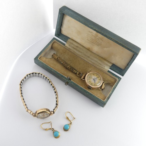 393 - A pair of 9ct gold and turquoise Earrings, with hook fittings, total weight 2.1g, together with two ... 