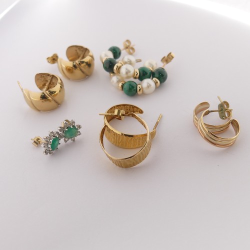 343 - Three pairs of 9ct gold Hoop Earrings, 6.3g, together with a pair of malachite and cultured pearl ho... 