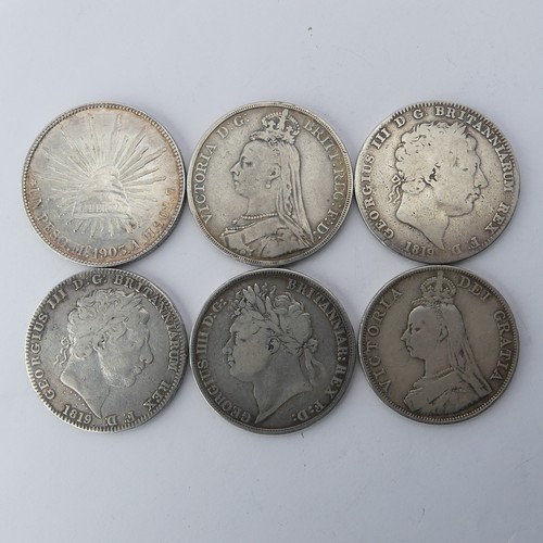 488 - Two George III Crowns, dated 1819, together with another 1822, an 1890 Victorian crown, double flori... 