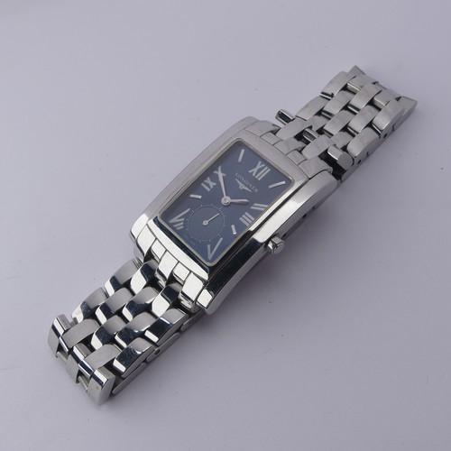 234 - A Longines stainless steel 'Dolcevita' tank style quartz Wristwatch, ref. L5 655 4, blue dial, caseb... 