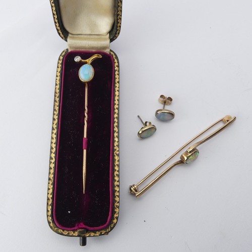 401 - An opal and diamond Stickpin, unmarked, together with a 9ct gold opal bar brooch and a pair of colle... 