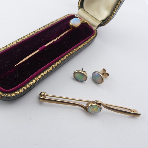 401 - An opal and diamond Stickpin, unmarked, together with a 9ct gold opal bar brooch and a pair of colle... 