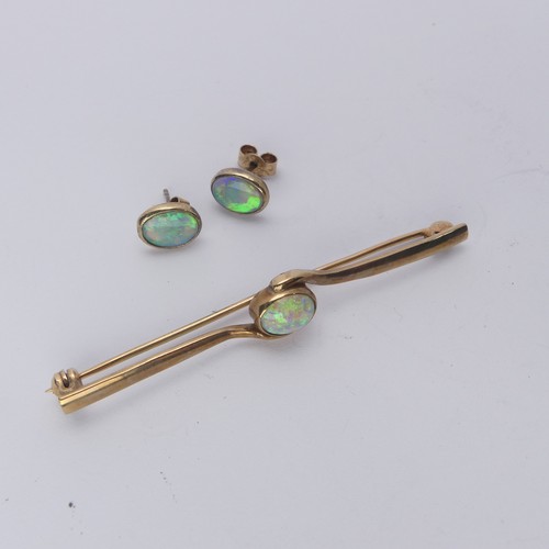 401 - An opal and diamond Stickpin, unmarked, together with a 9ct gold opal bar brooch and a pair of colle... 